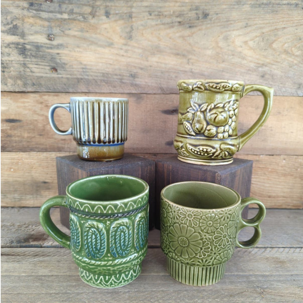Mismatched Vintage Green Ceramic Mugs Set of Four Japan and Ireland